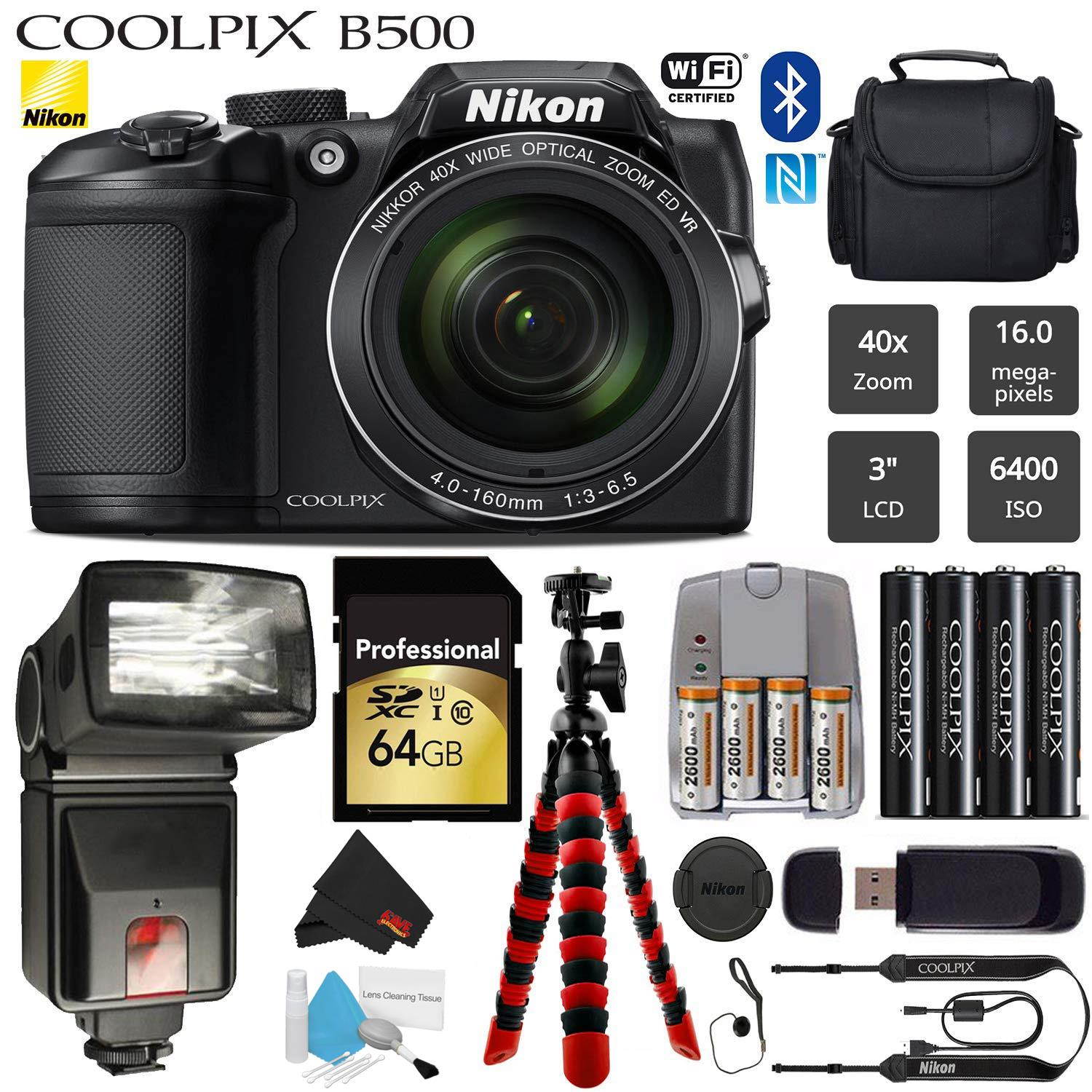 Nikon COOLPIX B500 Digital Camera (Black)(Intl Model) 16MP 40x Optical Zoom with Built-in NFC, WiFi & Bluetooth + Slave Flash + Camera Case + Flexible Tripod