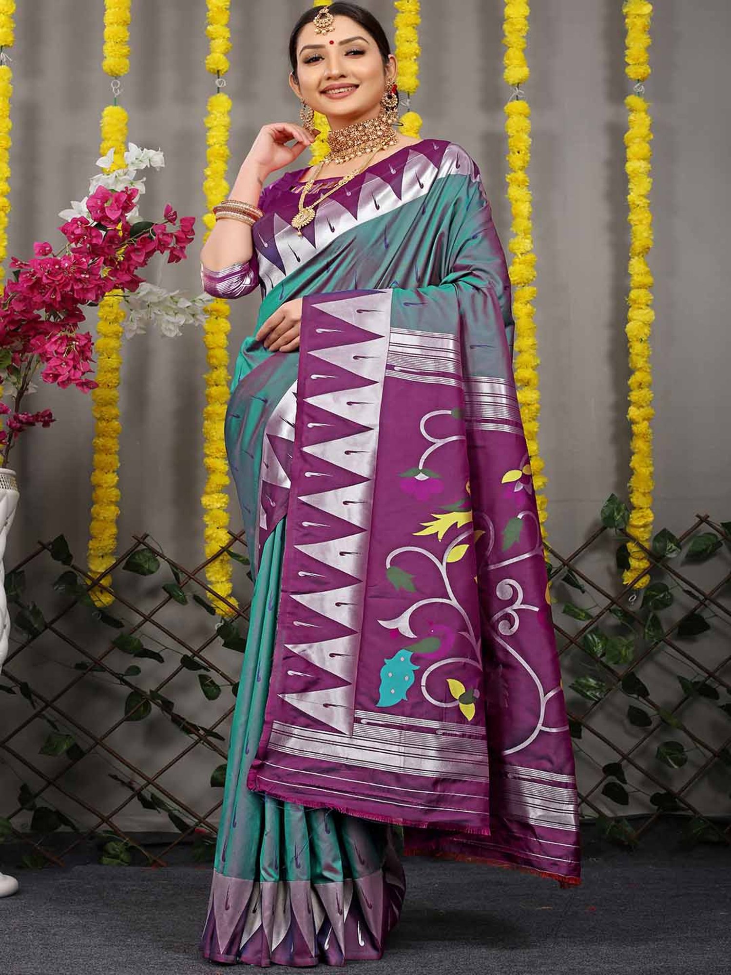 SHUBHKALA Sea Green Silk Woven Saree With Unstitched Blouse