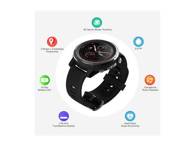 Amazfit Stratos 3 Sports Smartwatch Powered by FirstBeat, 1.34&rdquo; Full Round Display, 80-Sports Modes, Standalone Music Playback, GPS, Bluetooth, Water Resistant