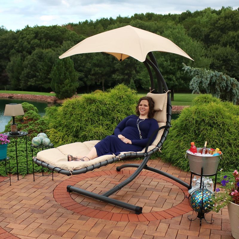 Sunnydaze Outdoor Hanging Chaise Floating Lounge Chair with Canopy Umbrella and Arc Stand, Beige
