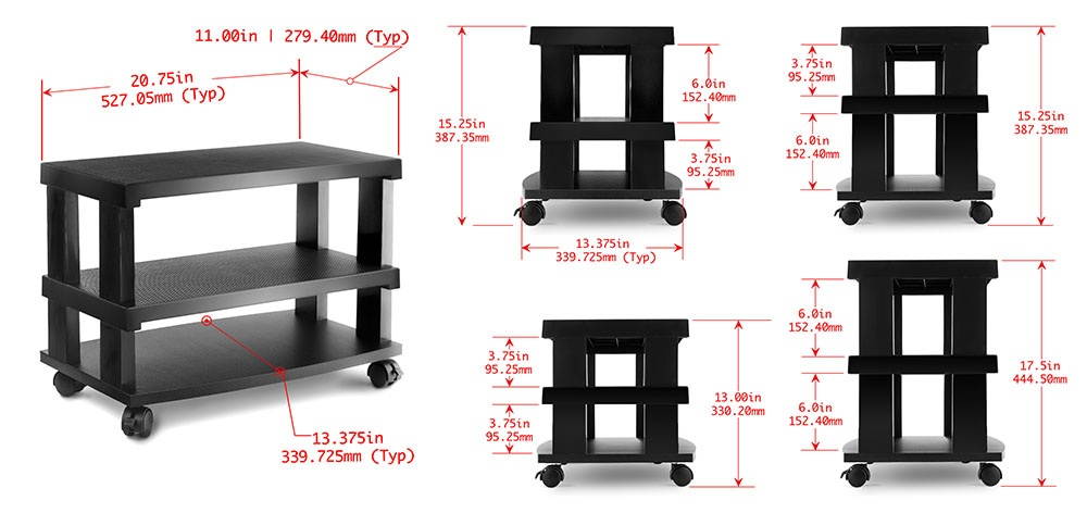 Aleratec 3-Tier LCD LED TV Stand Wheeled Entertainment Center