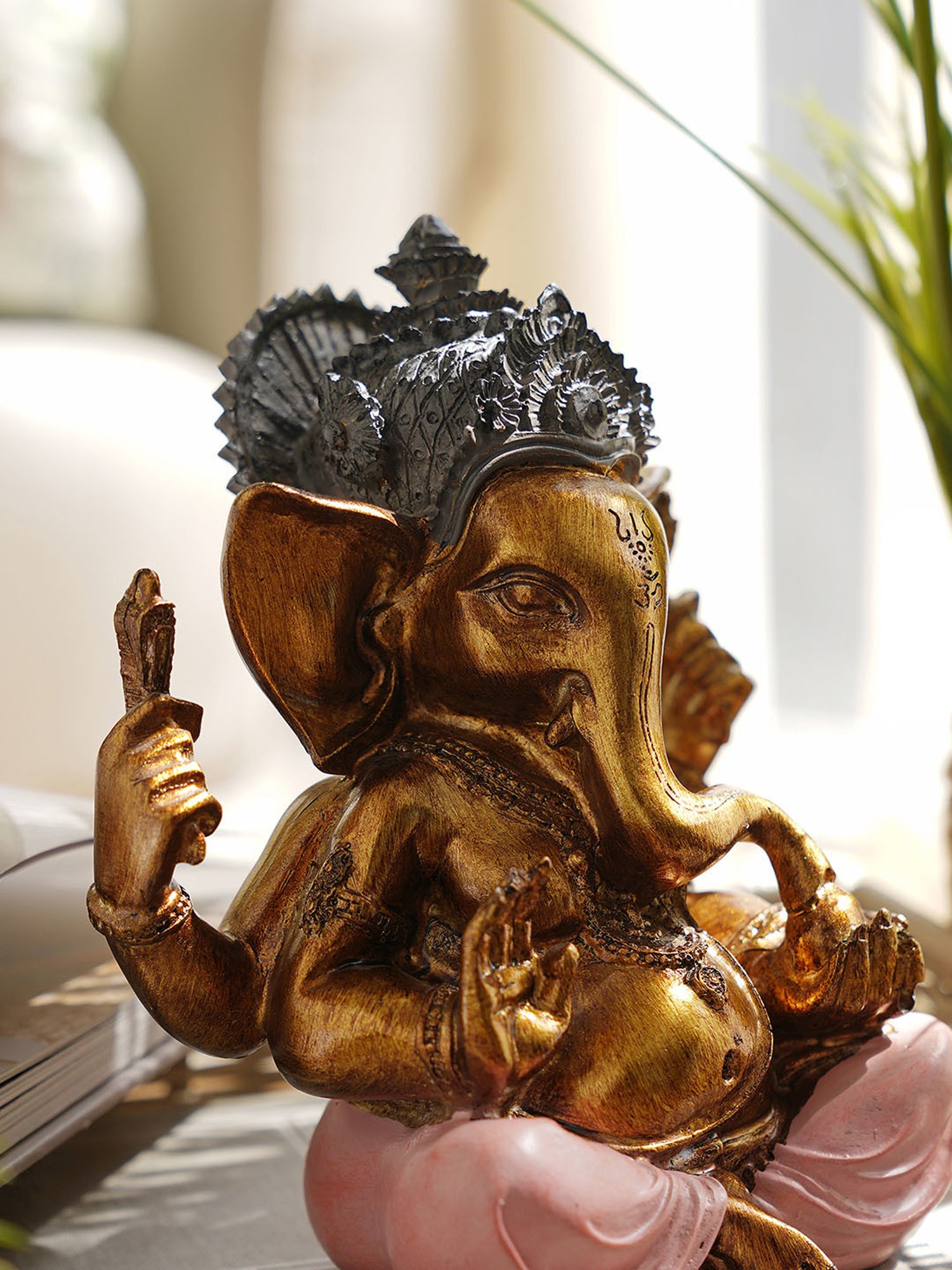 Pure Home and Living Gold & Pink Polyresin Ganesha Idol