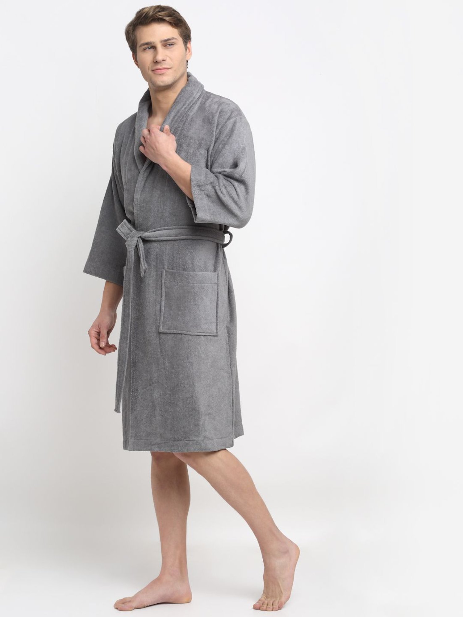 Creeva Everyday Red & Navy 225 GSM Micro Terry Bathrobe with Front Pocket & Kimono Collar