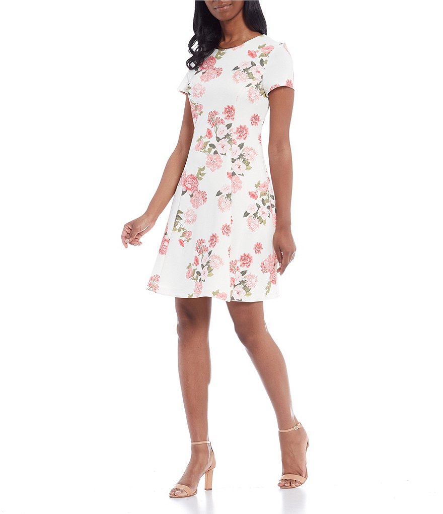 Jessica Howard Floral Short Sleeve Round Neck Scuba A-Line Dress