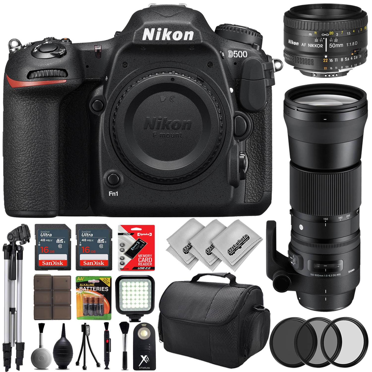 Nikon D500 Digital 4K 2160P SLR Camera w/ Nikon 50mm f/1.8D AF Lens - Sigma 150-600mm f/5-6.3 DG OS HSM Lens - 32GB - 28PC Bundle