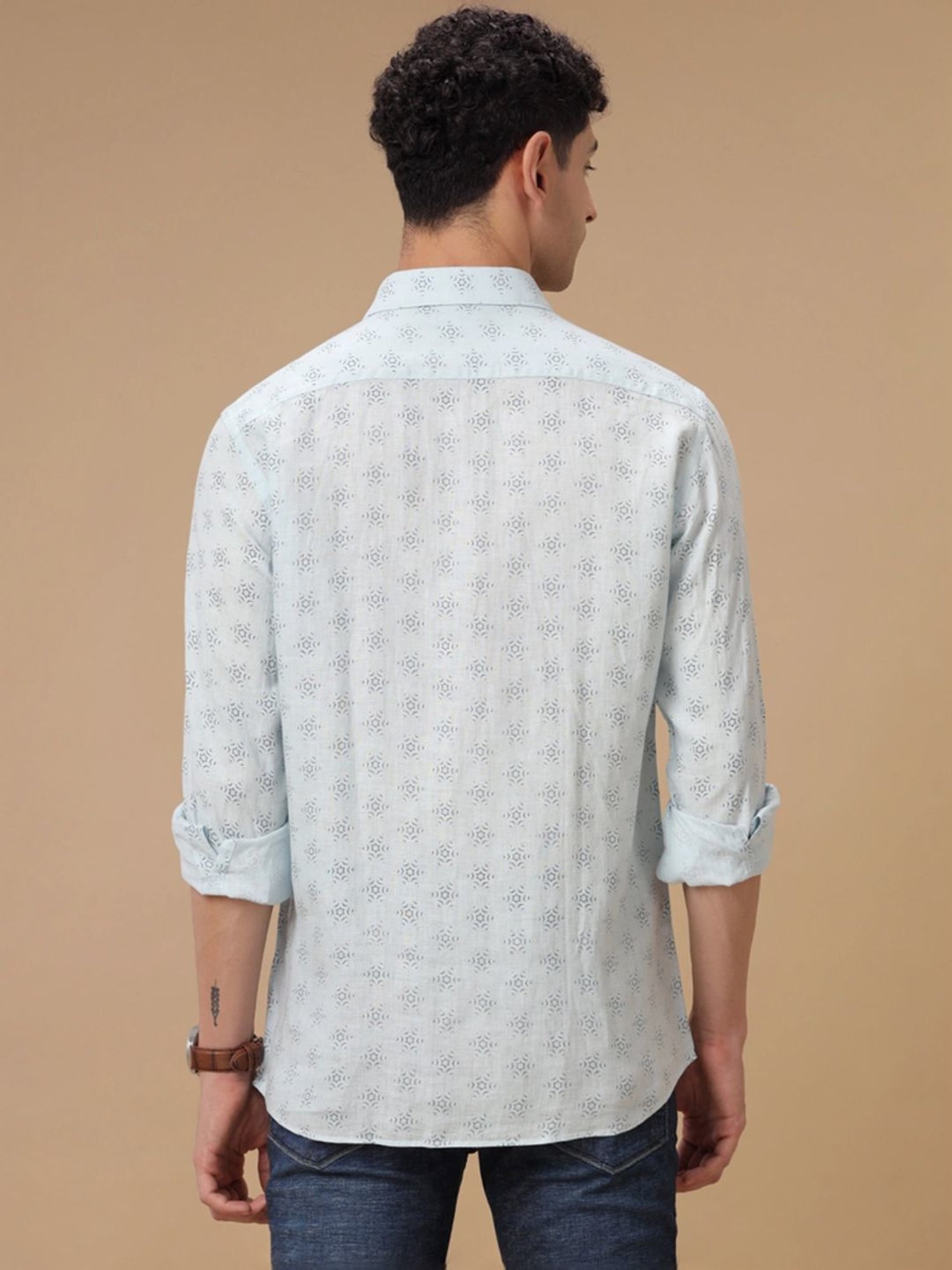 Linen Club Blue Linen Contemporary Fit Printed Shirt
