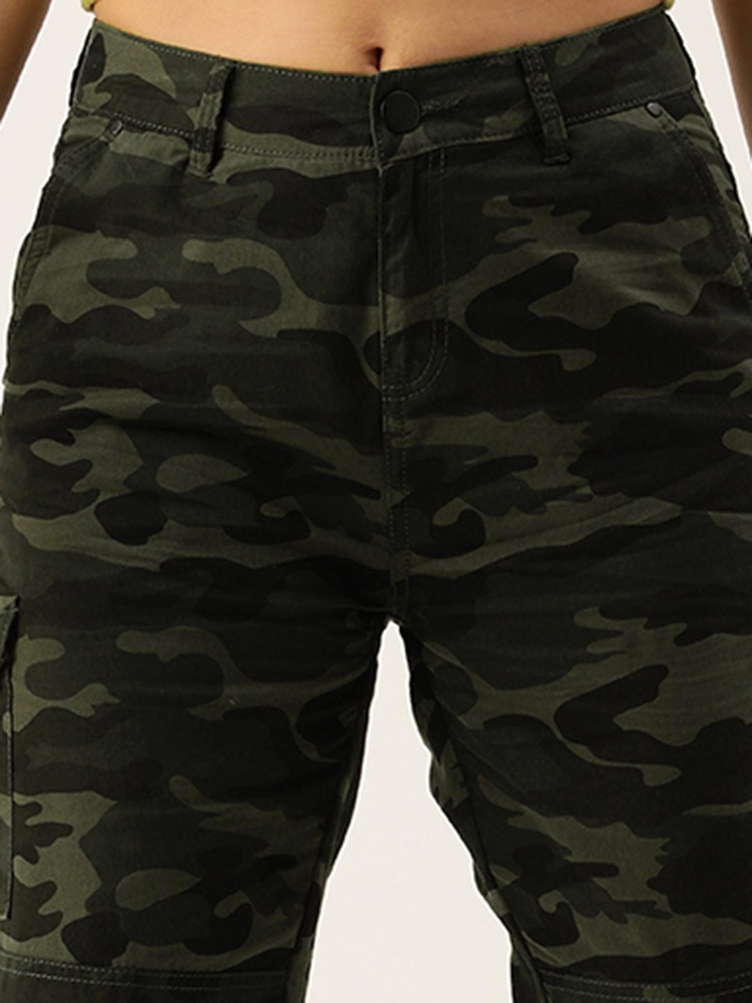 IVOC Olive Cotton Camo Print Slim Fit Mid Rise Cargo Pants