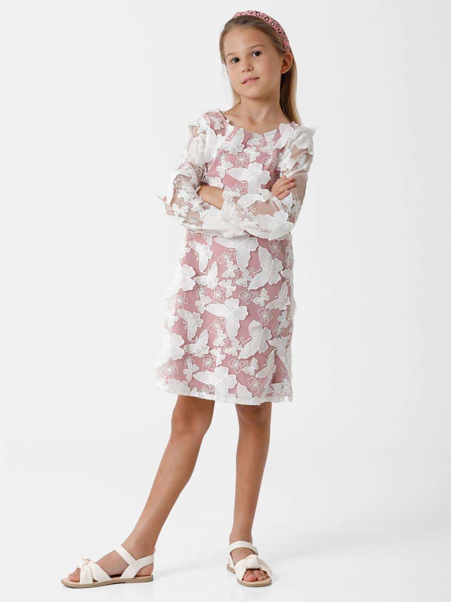 Kate & Oscar Kids White & Pink Embroidered Full Sleeves Dress