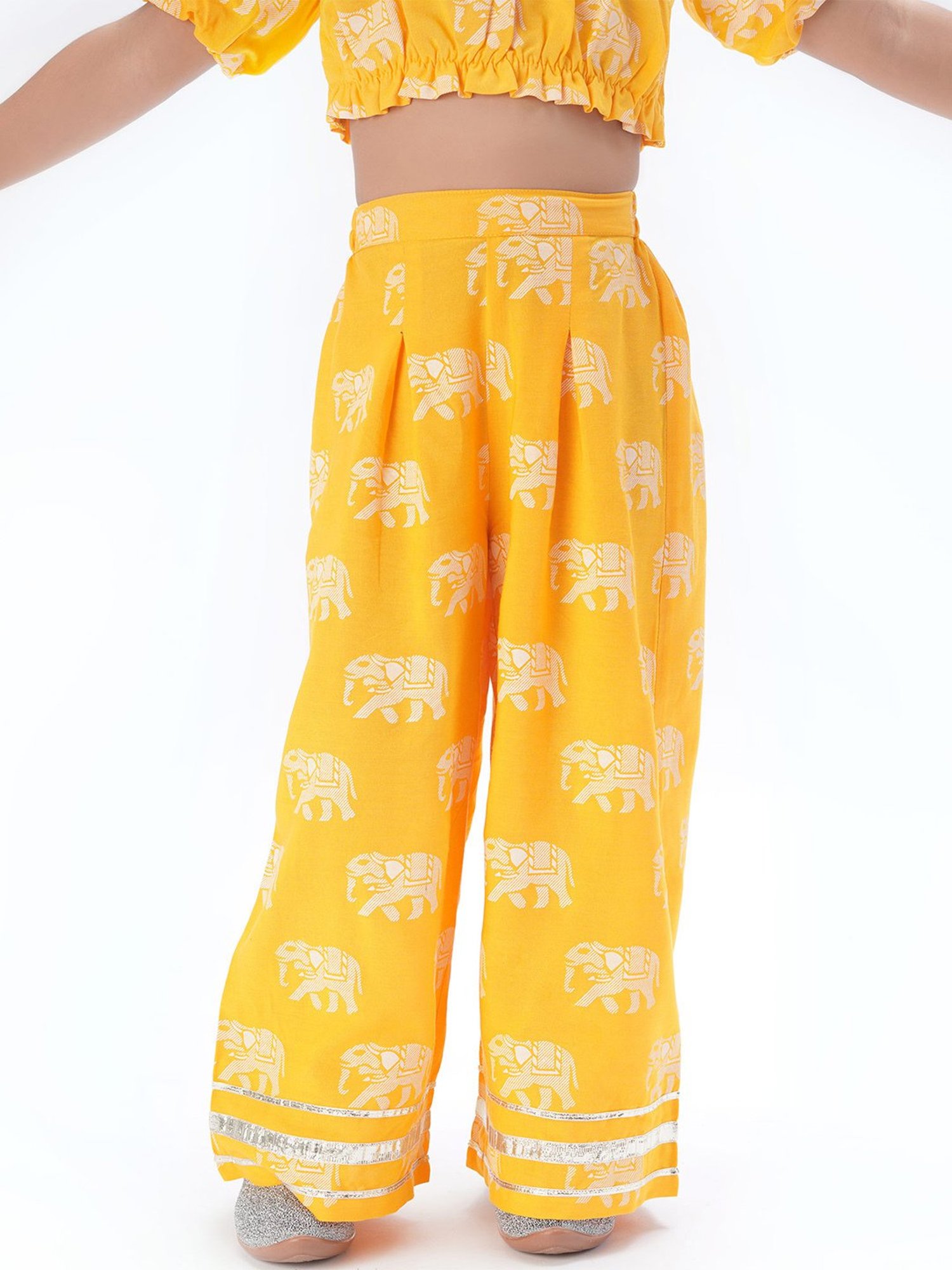 Lil Drama Kids Yellow Printed Crop Top with Pants