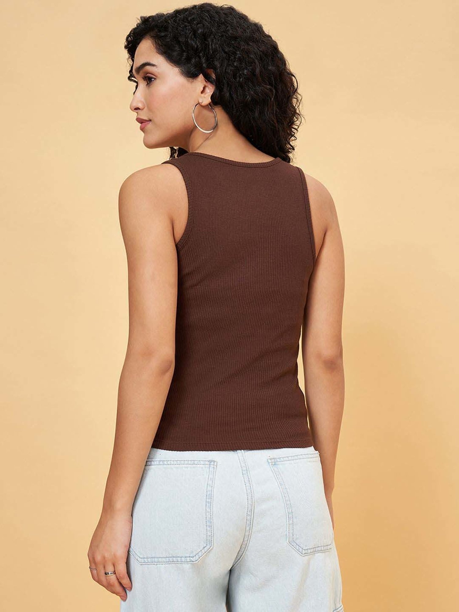 People by Pantaloons Brown Plain Tank Top