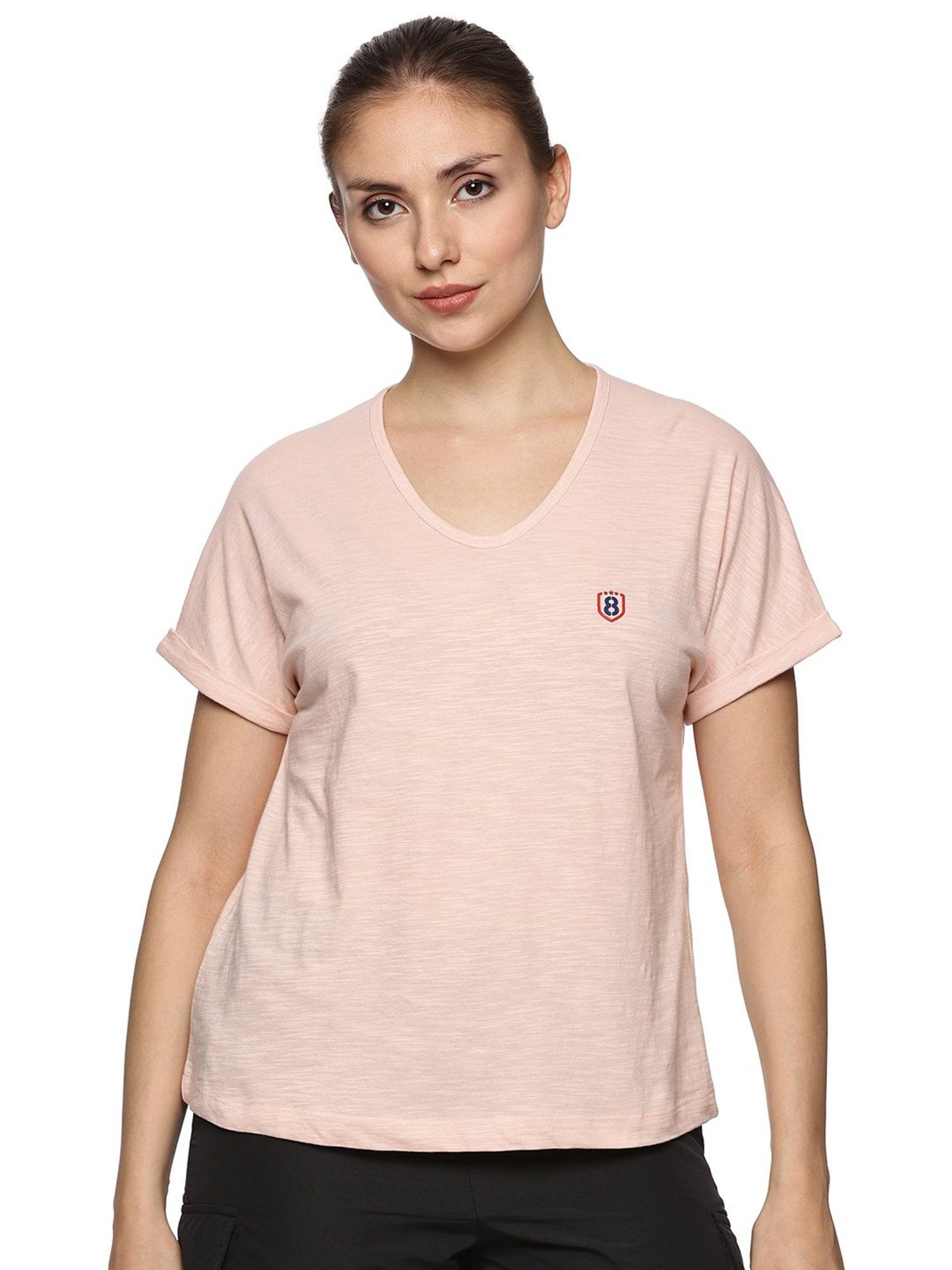 Domin8 Women 100% Organic Cotton U-Neck Mega Sleeve Sports Pink T-Shirt
