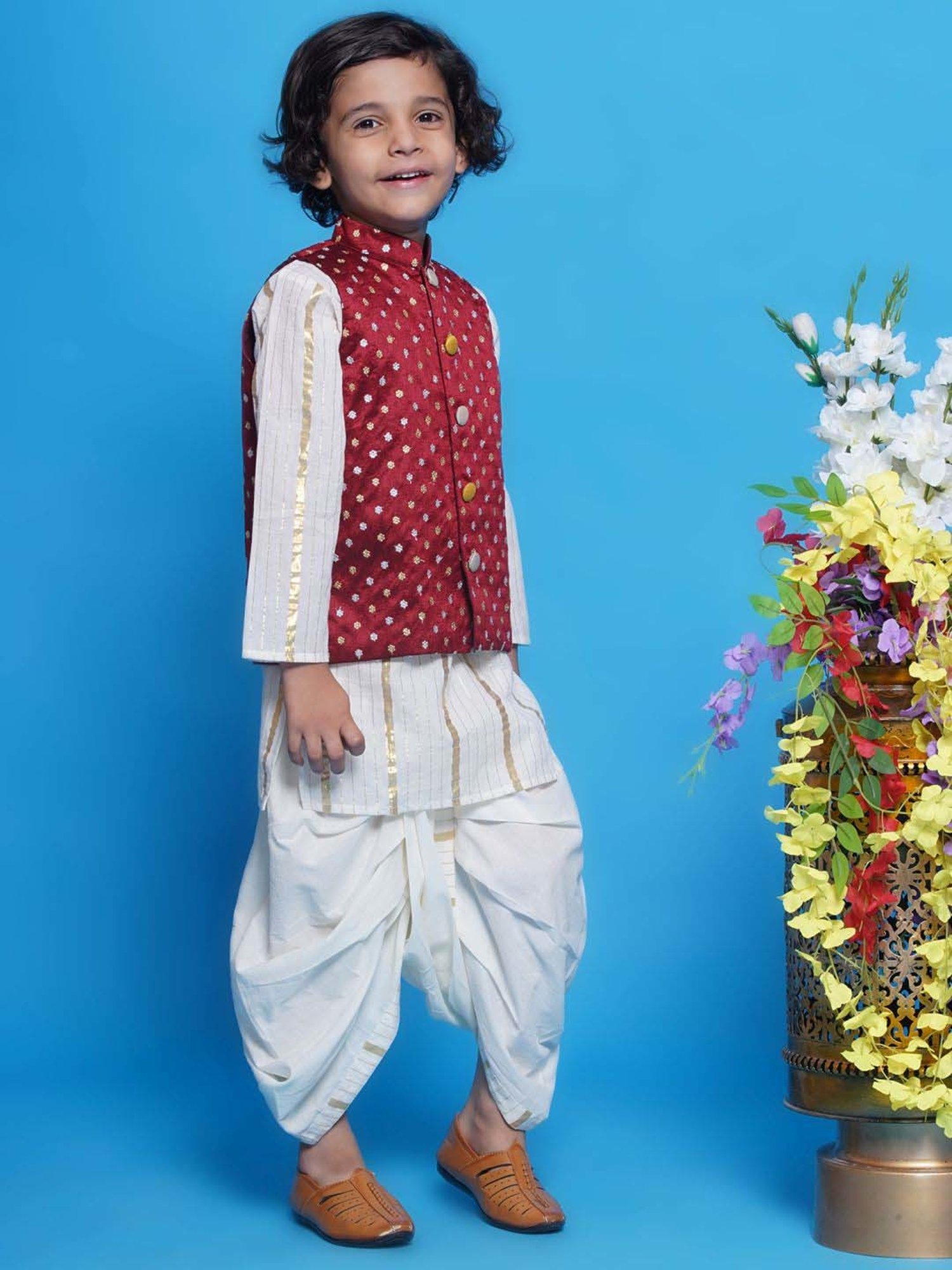 Little Bansi Boys Multicolor Cotton Self Full Sleeves Kurta Set