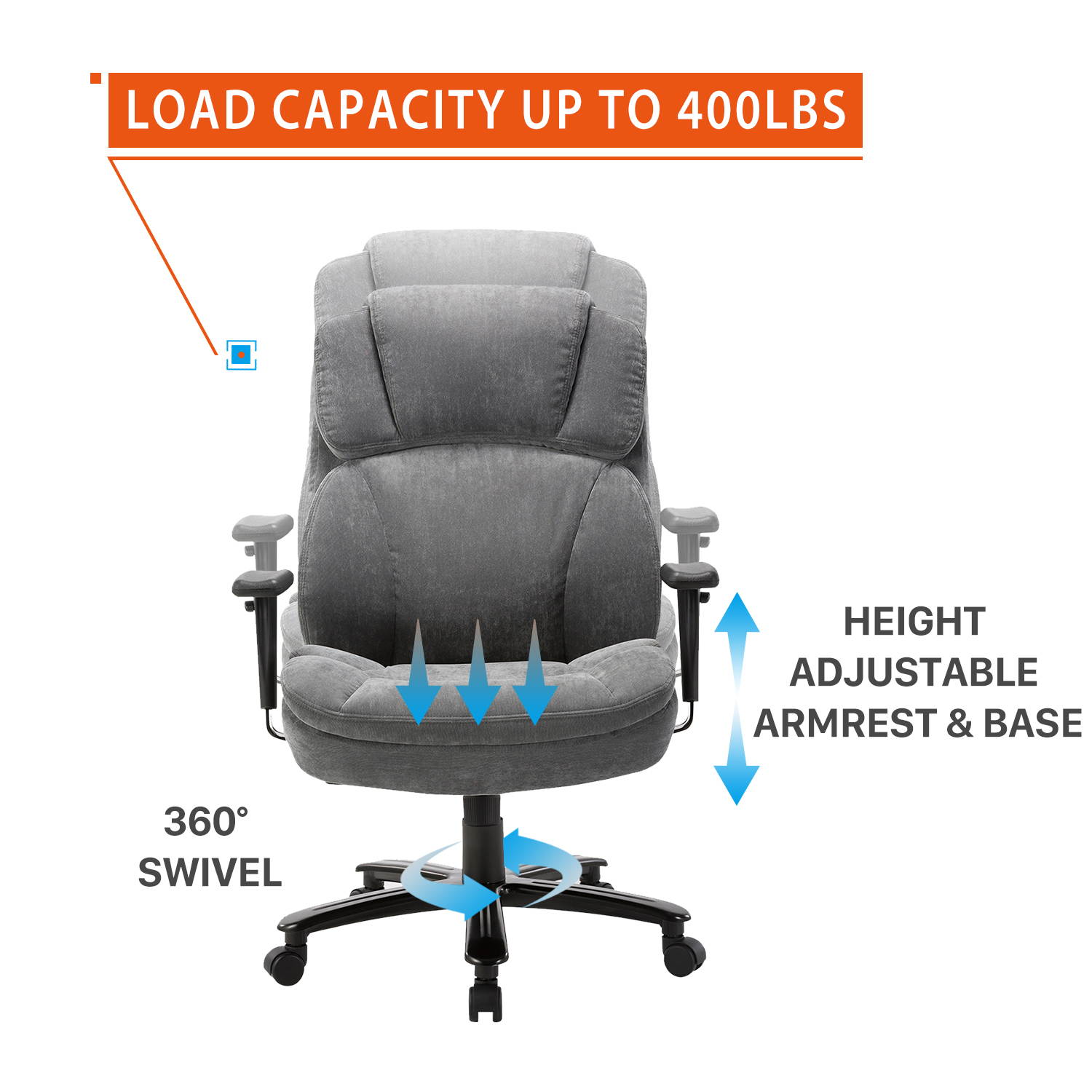 CLATINA Ergonomic Big & Tall Executive Office Chair with Upholstered Swivel 400lbs High Capacity Adjustable Height Thick Padding Headrest and Armrest for Home BIFMA Certified