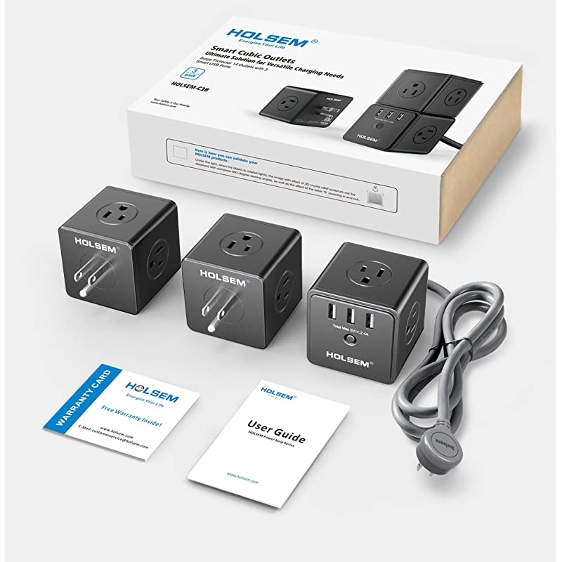 Power Cube Surge Protector 14 AC outlets 3 Smart USB Ports 5V24A and 6 Heavy Duty Extension Cord Black 3 Pack