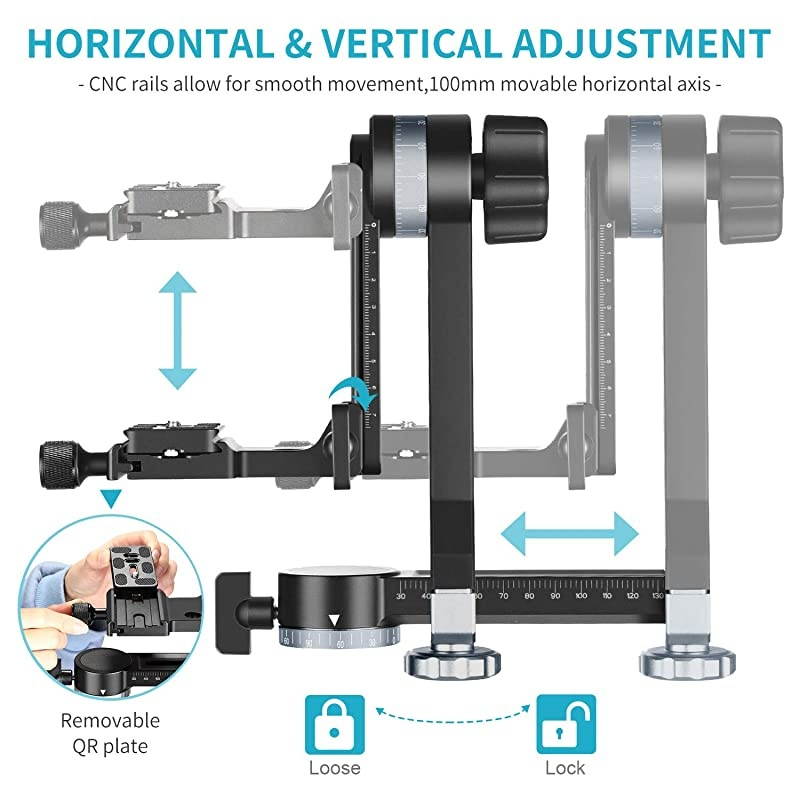 Professional Metal Gimbal Tripod Head 360&deg; Panoramic Head with 100mm Movable Horizontal Axis ArcaSwiss Standard QR Plate and Bubble Level for Digital SLR Cameras up to 33lbs15kg