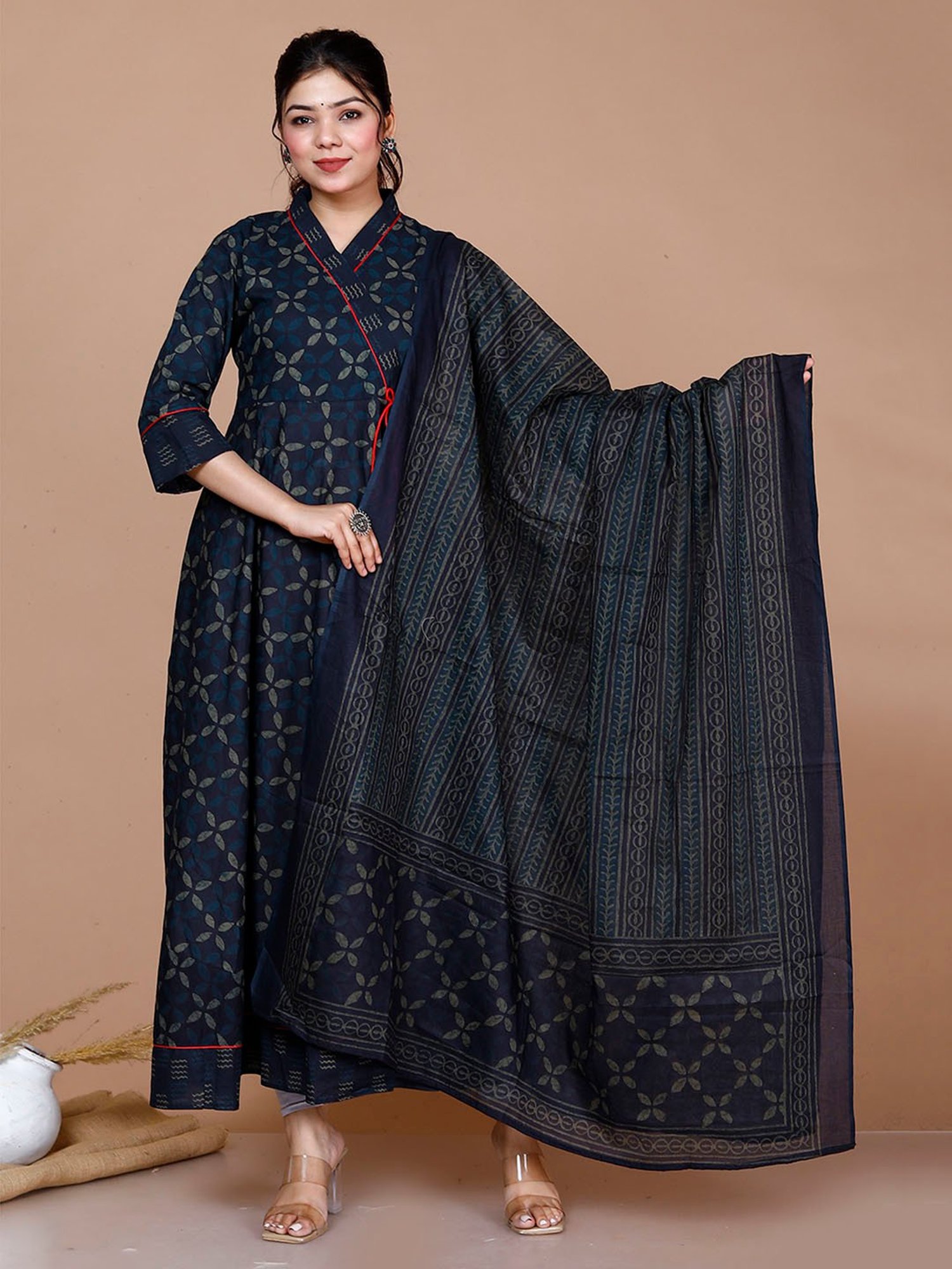 Miravan Blue Printed Fit & Flare Kurta With Dupatta