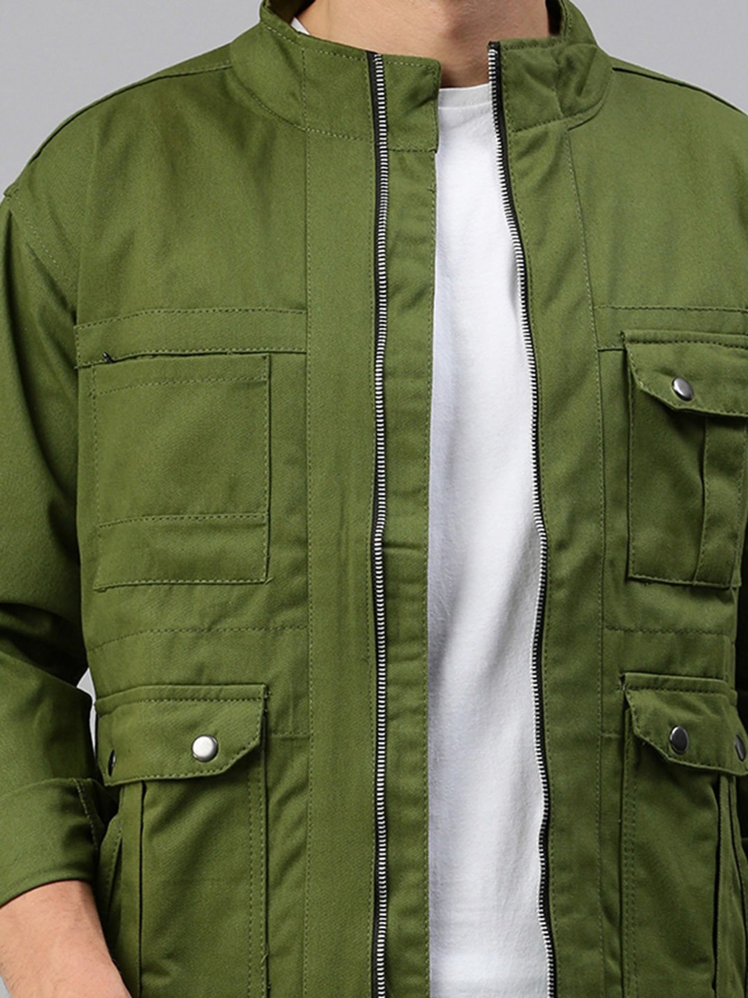 VOXATI Green Regular Fit Mock Collar Denim Jacket