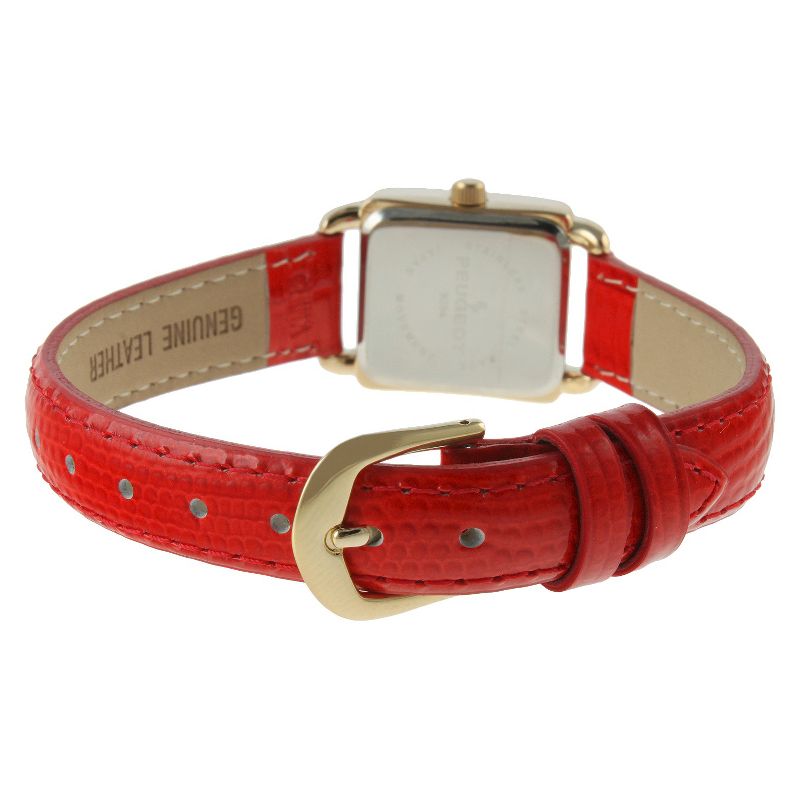 Women's Peugeot Mini Square Crystal Marker Leather Strap Watch - Gold and Red