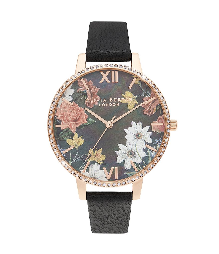 Olivia Burton Big Mother Of Pearl Dial Black & Rose Gold Watch