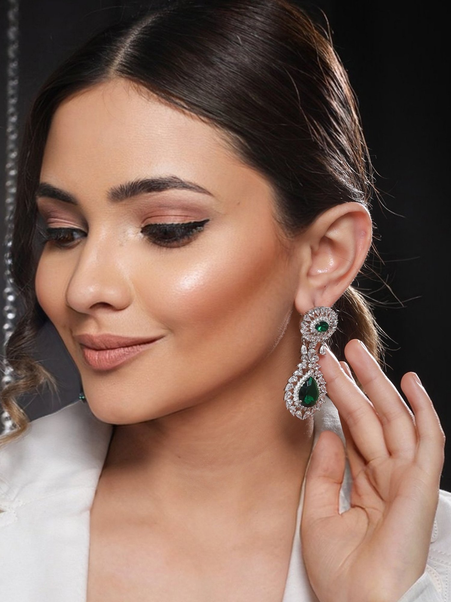 Saraf RS Jewellery Silver Green AD Studded Drop Earrings