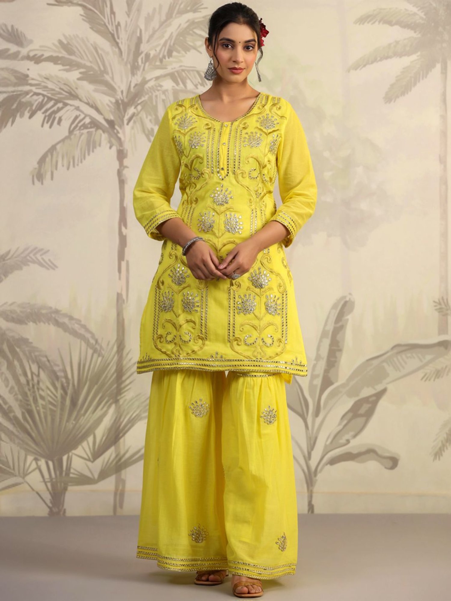 SCAKHI Royal Yellow Cotton Embroidered Kurti Sharara Set With Dupatta