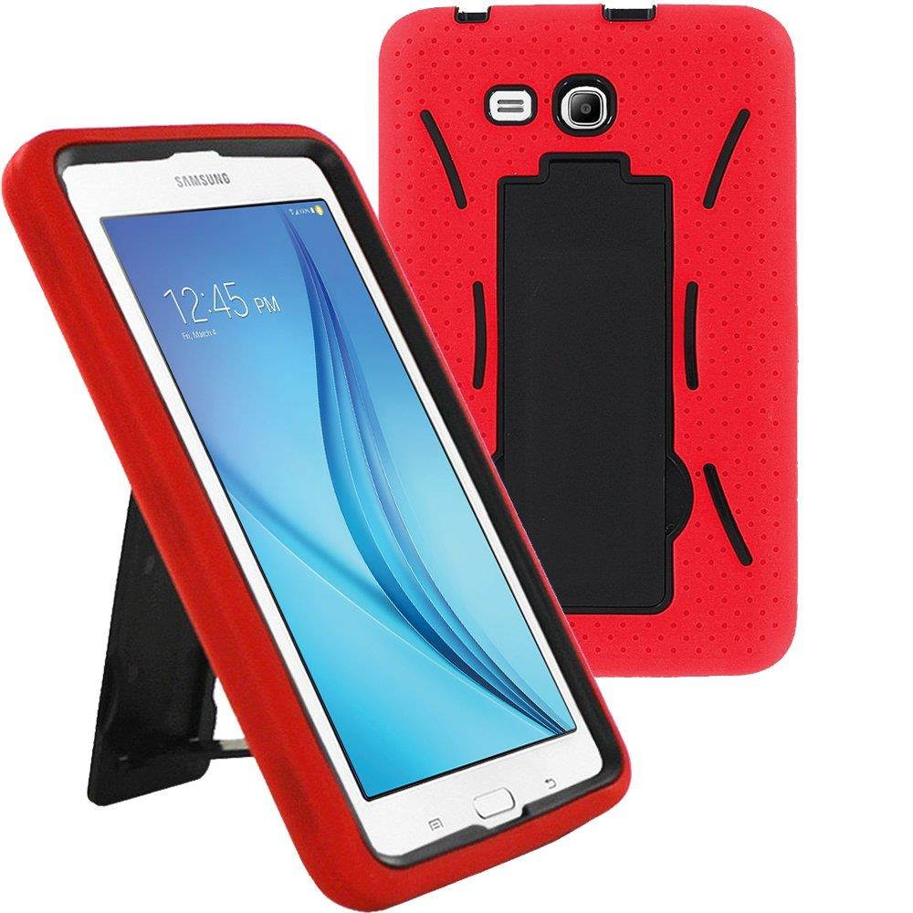 Samsung Galaxy Tab 3 7" LITE SM-T110 Drop Protection Hybrid Case Full Body Silicone Plastic Cover featuring Built-In Kickstand and Screen Protector - Black / Red by KIQ (TM)