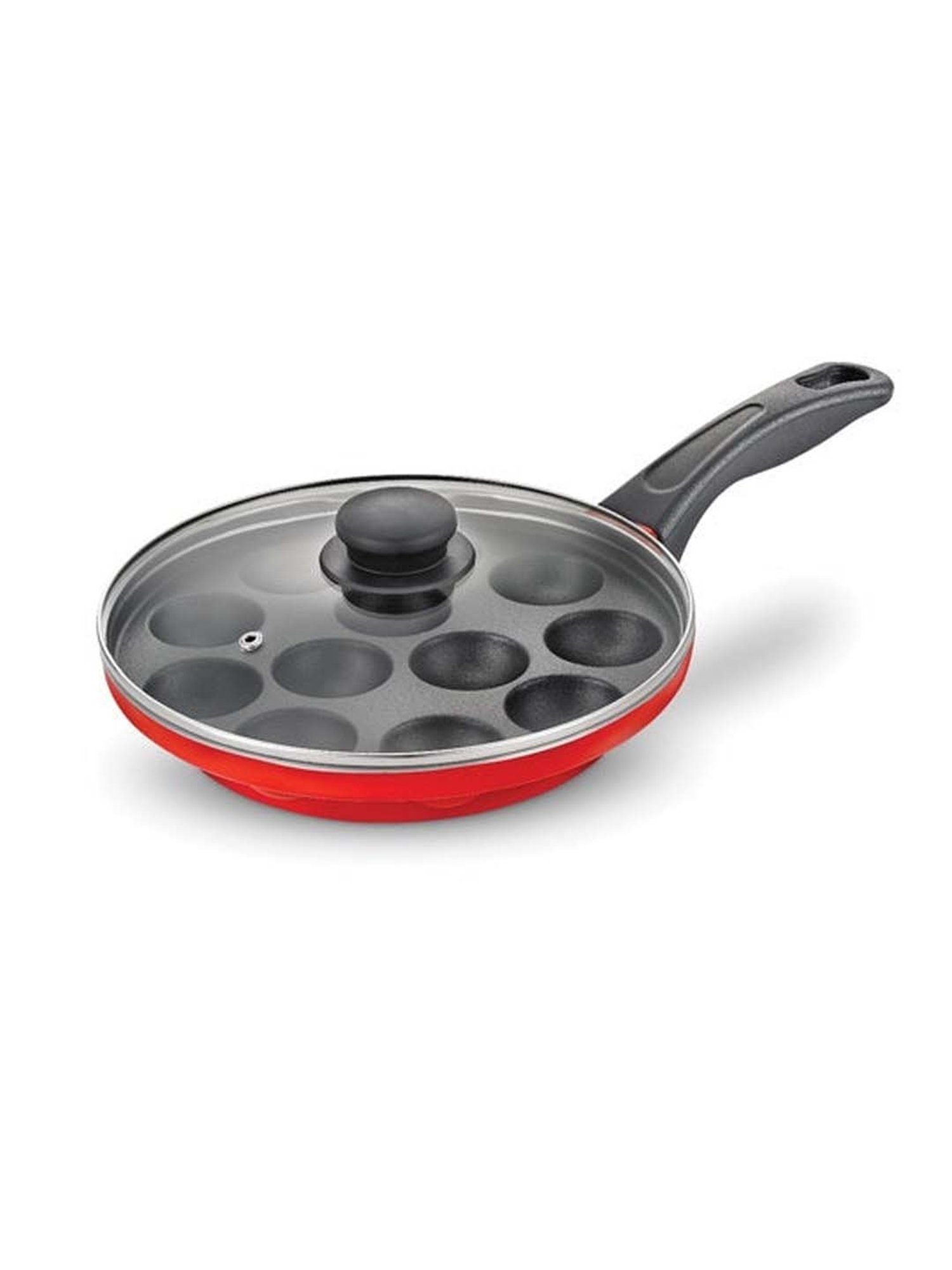 JUDGE Black & Red Aluminium 25 cm Non-Stick Paniyarakal With Lid - Set of 1