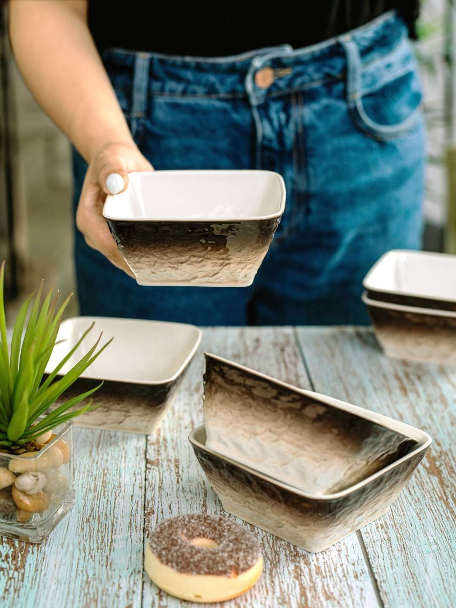 White Gold White & Brown Porcelain Bowls - Set of 6