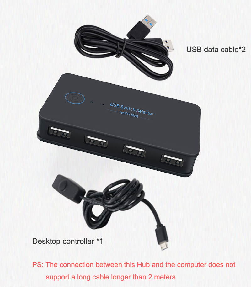 USB KVM Switch Selector 2 Computers 4-Port USB 2.0 Peripheral Sharing Switch Hub Adapter for Keyboard, Mouse, U-disk, Printer, KVM One-Second Switcher Compatible with Mac / Windows / Linux