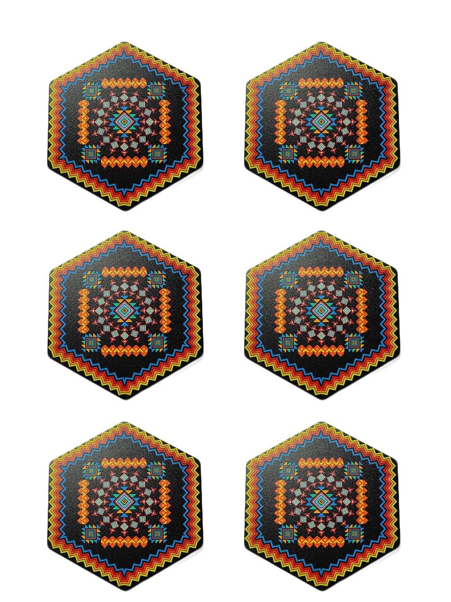 Crayton Black Wooden Geometric Printed Hexagon Coasters with Holder - Set of 6
