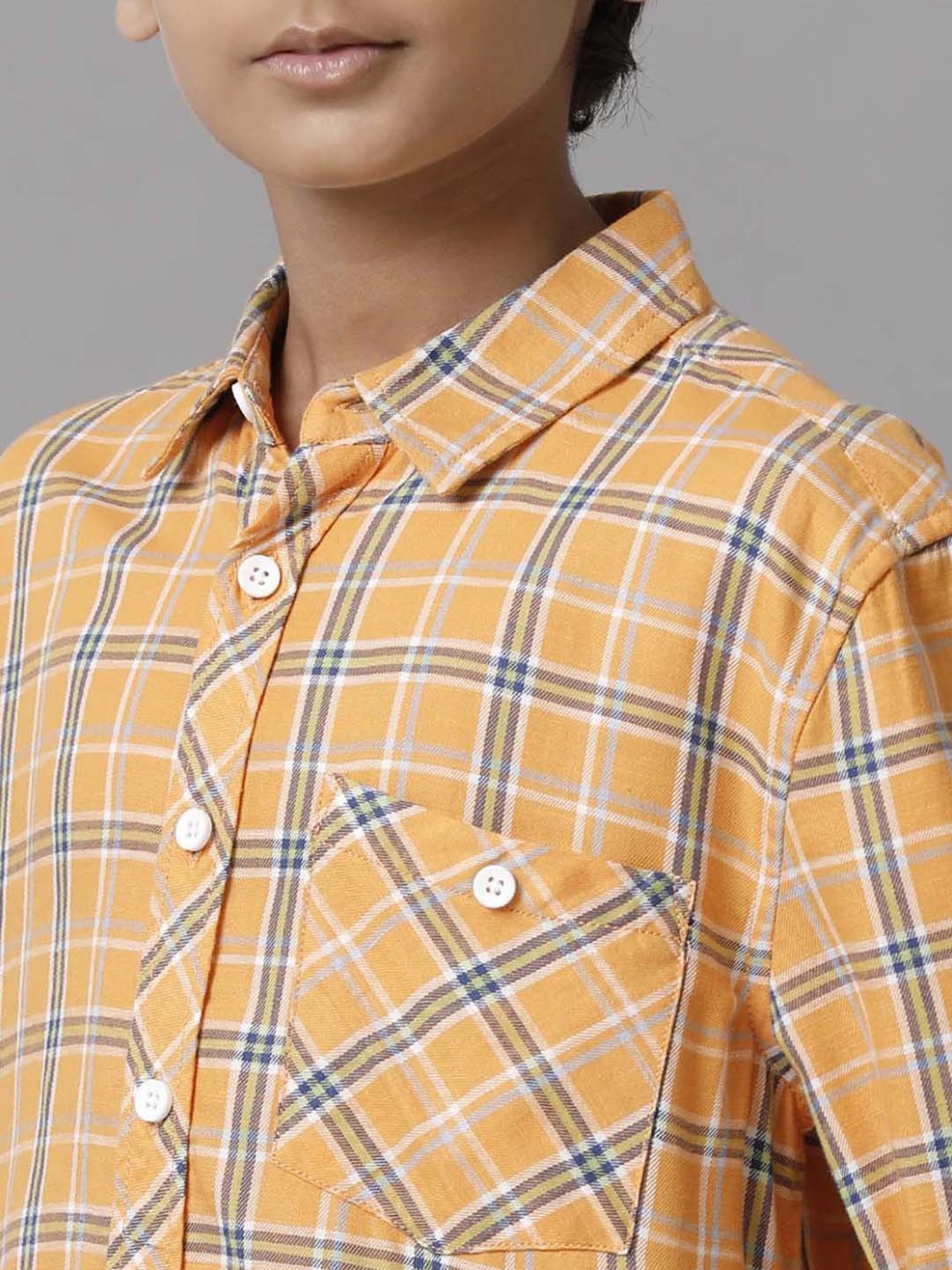 Under Fourteen Only Kids Orange & Blue Cotton Chequered Full Sleeves Shirt