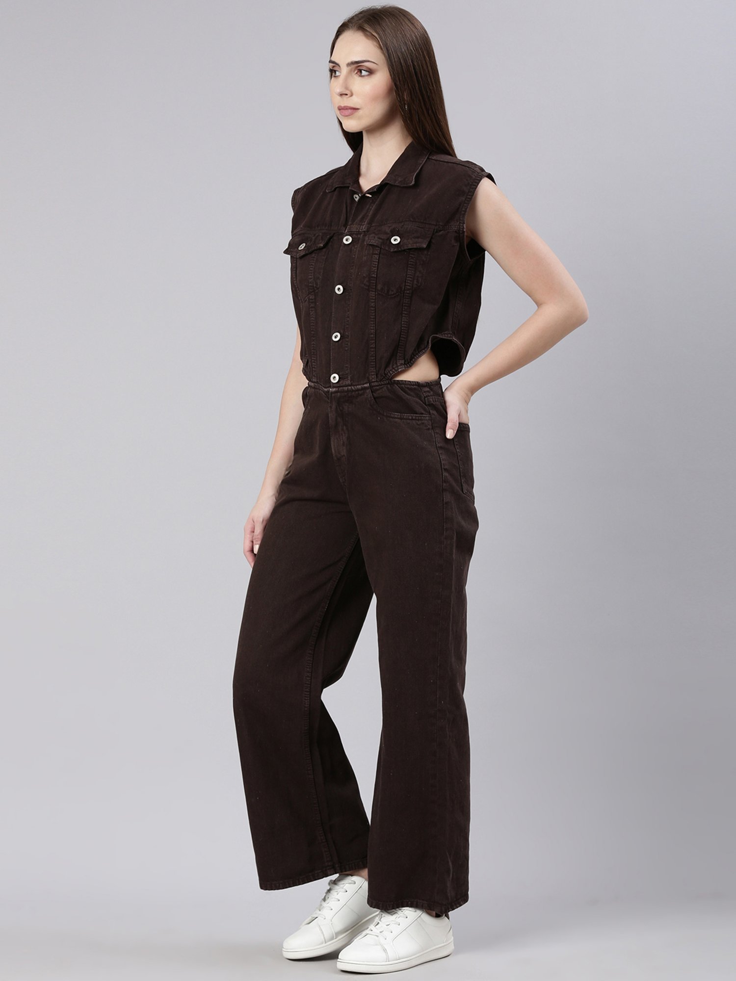 SHOWOFF Brown Denim Maxi Jumpsuit