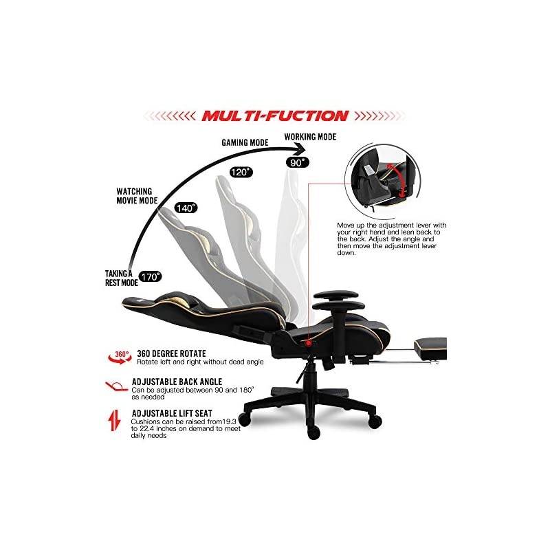 Adjustable Gaming Chair - Upgrade Office Mute Gaming Chair PC with Footrest and Lumbar Pillow Support Massage Comfortable High-Back PU Leather Computer Seat for Adults (Golden)