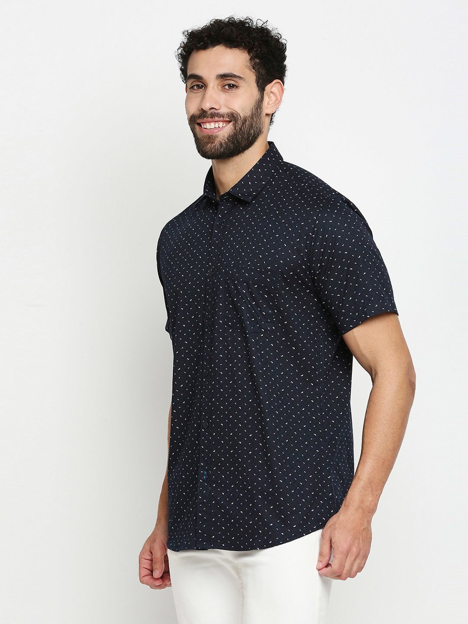 SOLEMIO Navy Slim Fit Printed Cotton Shirt