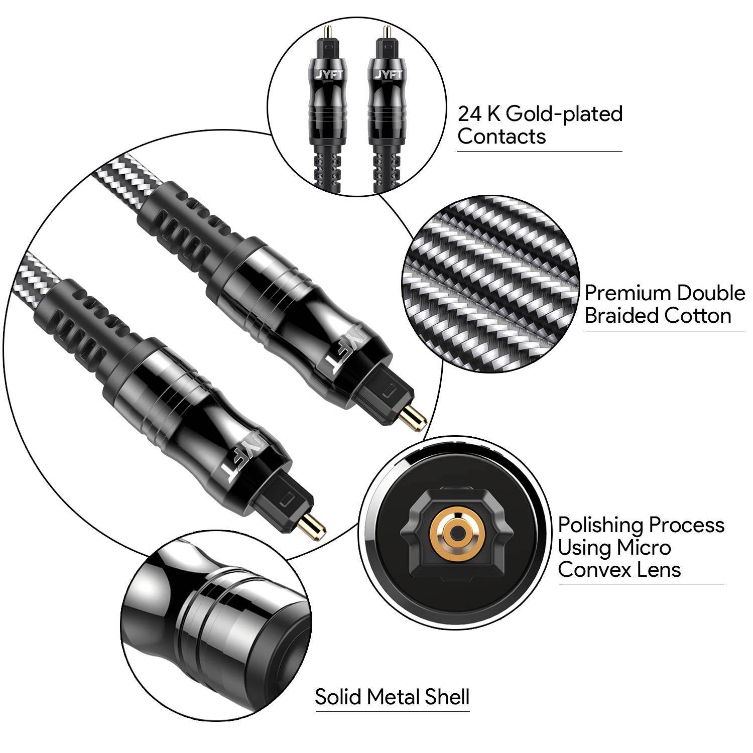 Digital Optical Audio Toslink Cable 6ft JYFT S/PDIF Port 24K Gold Plated Connectors for Home Theater Sound Bar TV PS4 Xbox Playstation 1Pack