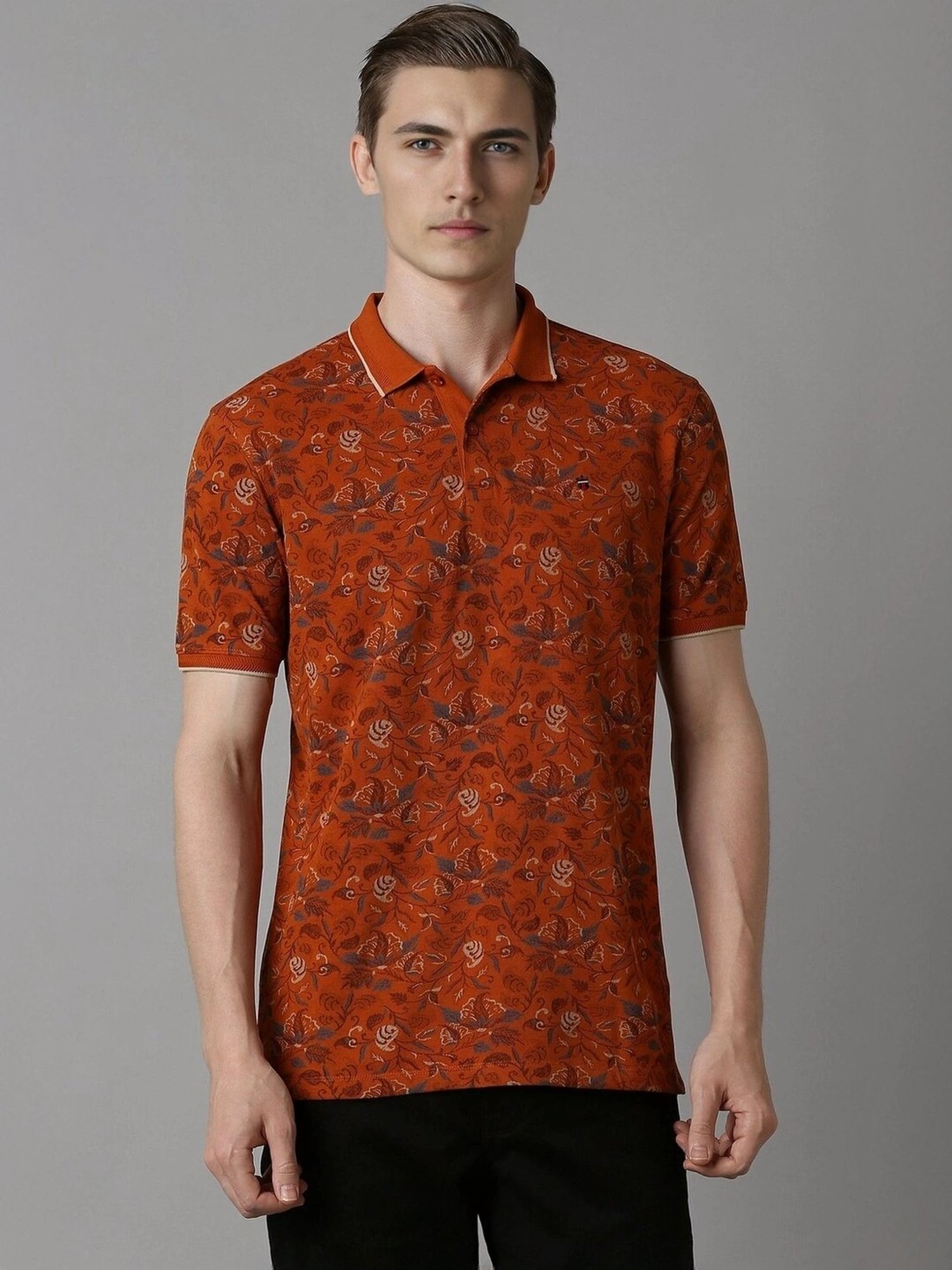 Louis Philippe Red Cotton Slim Fit Printed Polo T-Shirt