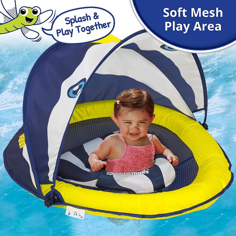 SwimSchool Perfect Fit BabyBoat Level 1 Fish Pool Float with Sunshade Canopy, Dual Air Pillow Chambers, and Adjustable Safety Seat, Navy/White