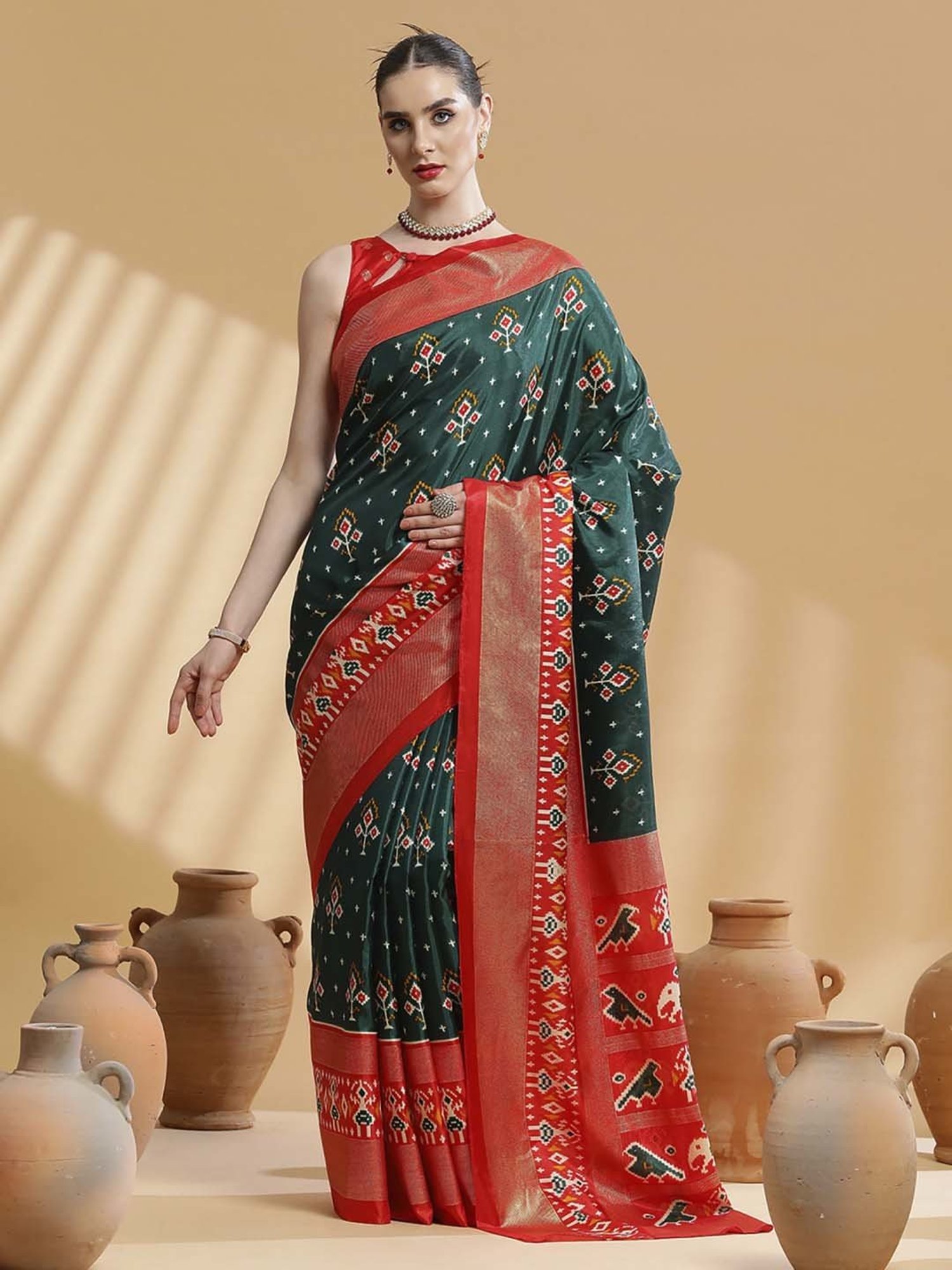Saree Mall Green & Red Silk Printed Saree With Unstitched Blouse