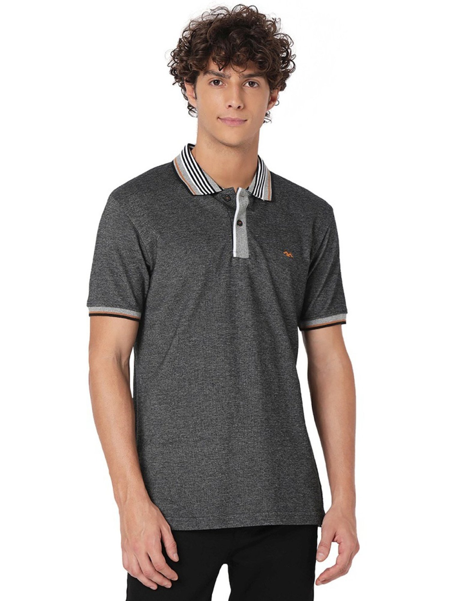 Mufti Grey Cotton Slim Fit Polo T-Shirt