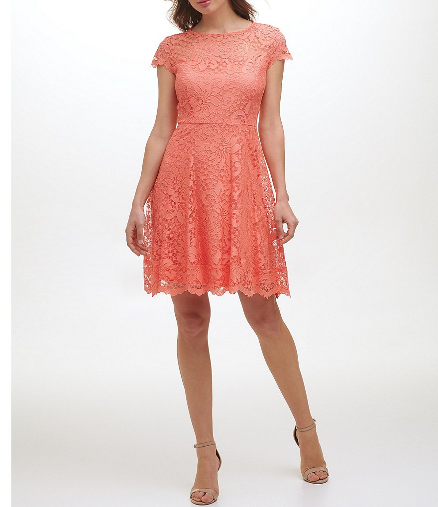 Kensie Illusion Crew Neck Cap Sleeve Lace A-Line Scallop Hem Dress