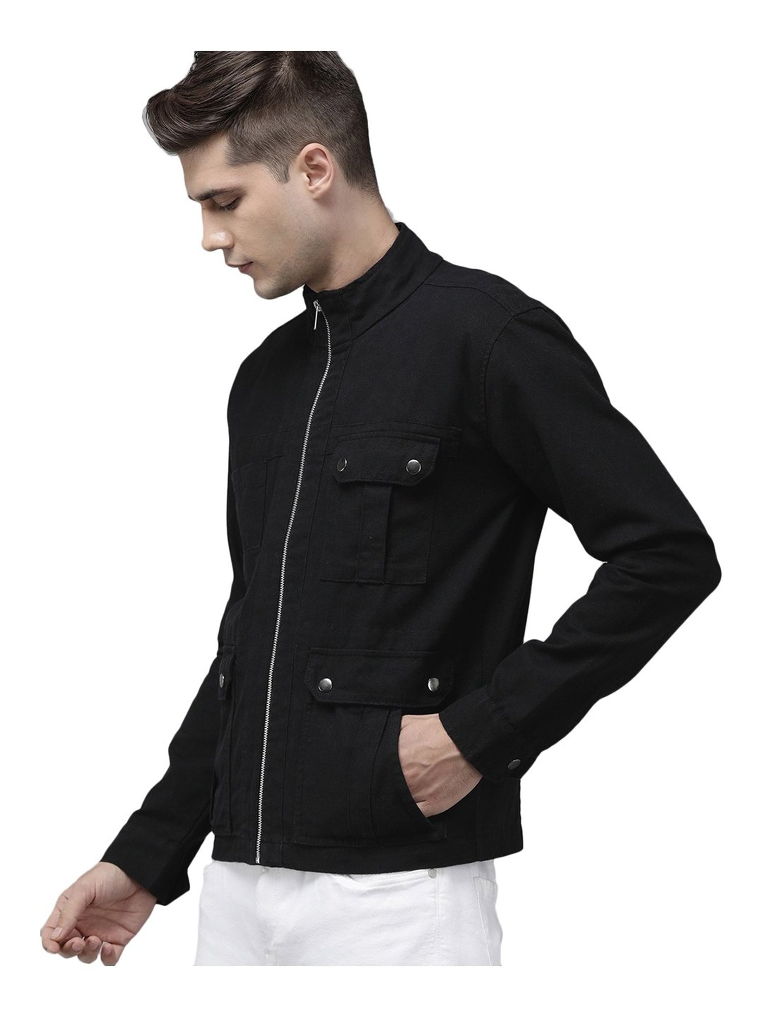 VOXATI Black Full Sleeves Mock Collar Denim Jacket