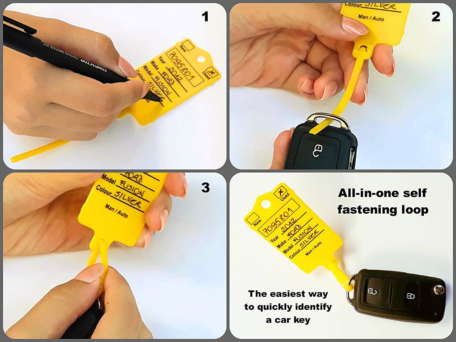 Mechanic Service Auto Key Tags - Yellow self Locking Car Key Tags Made of Waterproof Plastic | Box of 300 Auto Tags | NO Folding, NO Key Rings, NO Laminated Key Tags Necessary | Pen Included