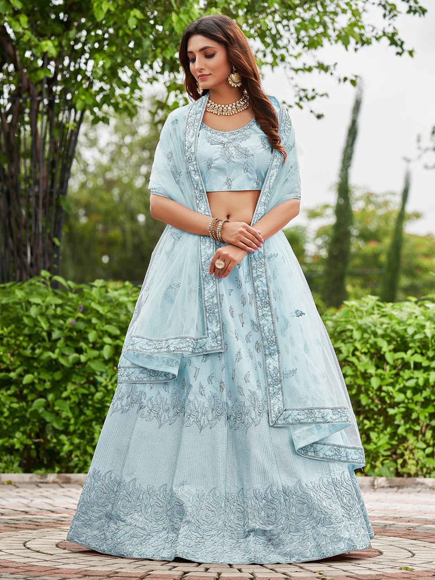 Warthy Ent Sky Blue Embroidered Lehenga Choli Set With Dupatta