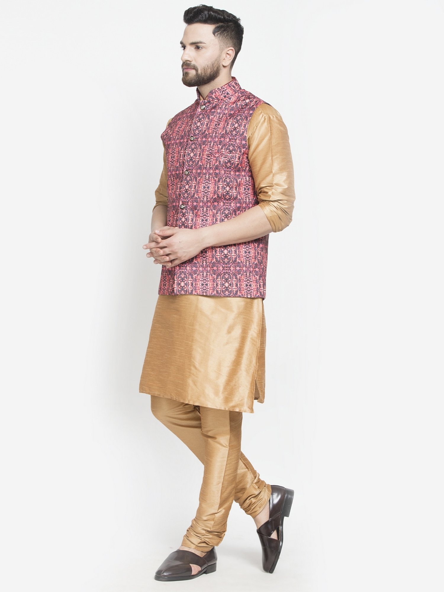 Benstoke Copper & Coral Red Regular Fit Printed Kurta Set With Jacket