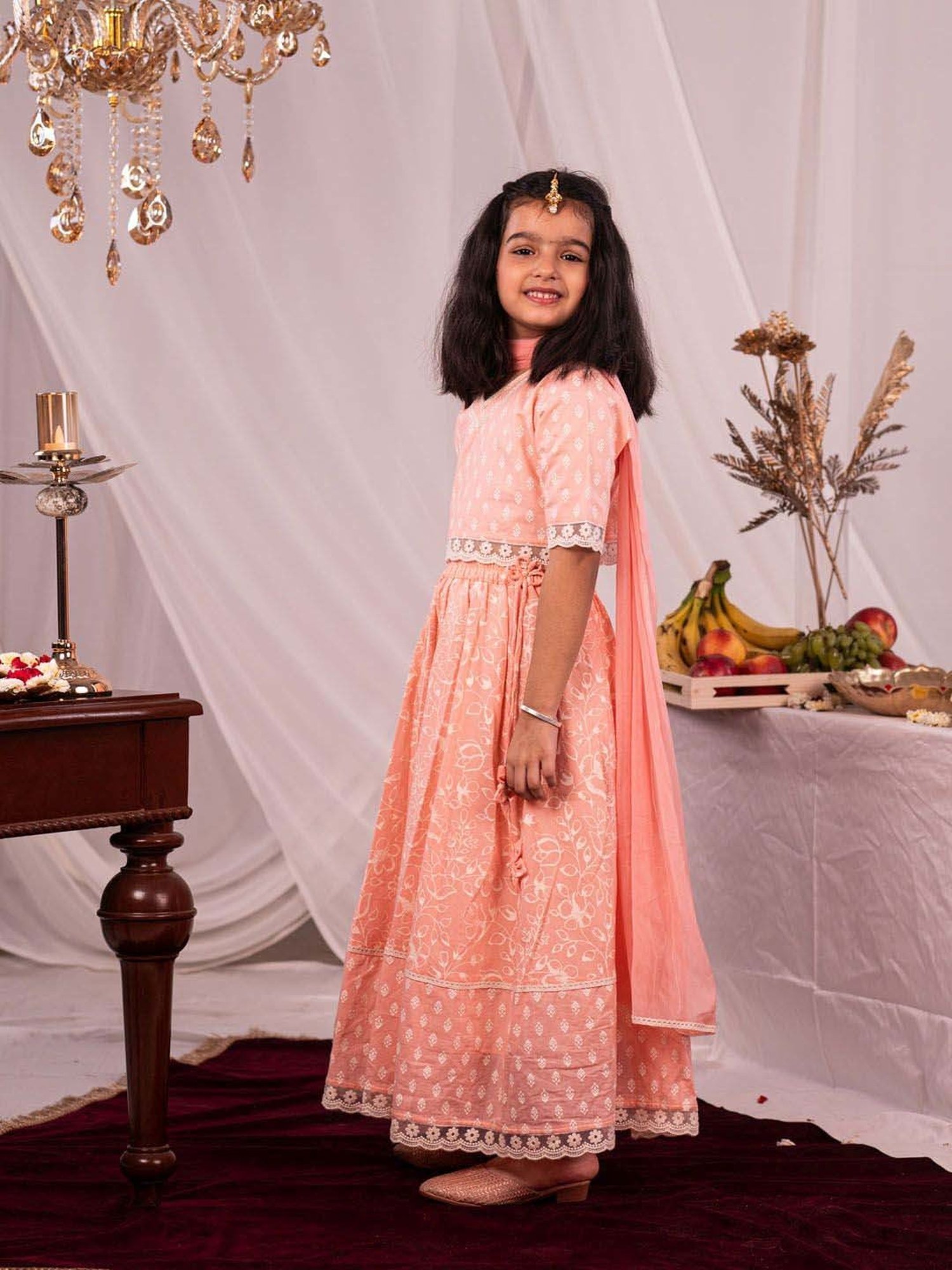 A Little Fable Kids Blue Printed Lehenga with Choli & Dupatta