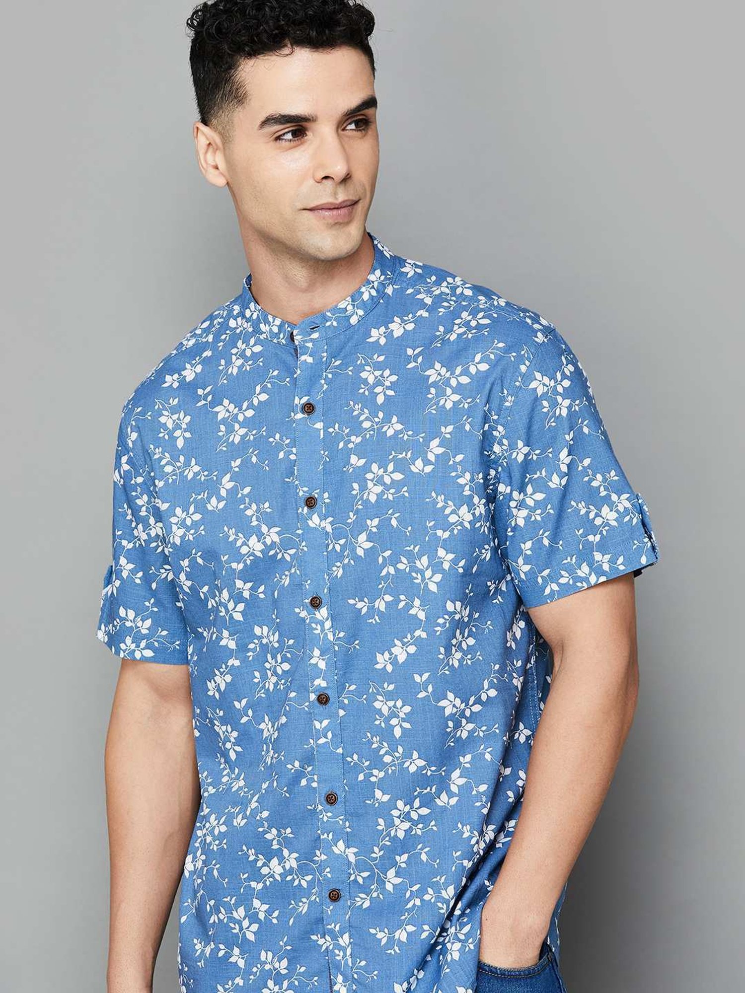 Melange By Lifestyle Blue Cotton Regular Fit Printed Shirt