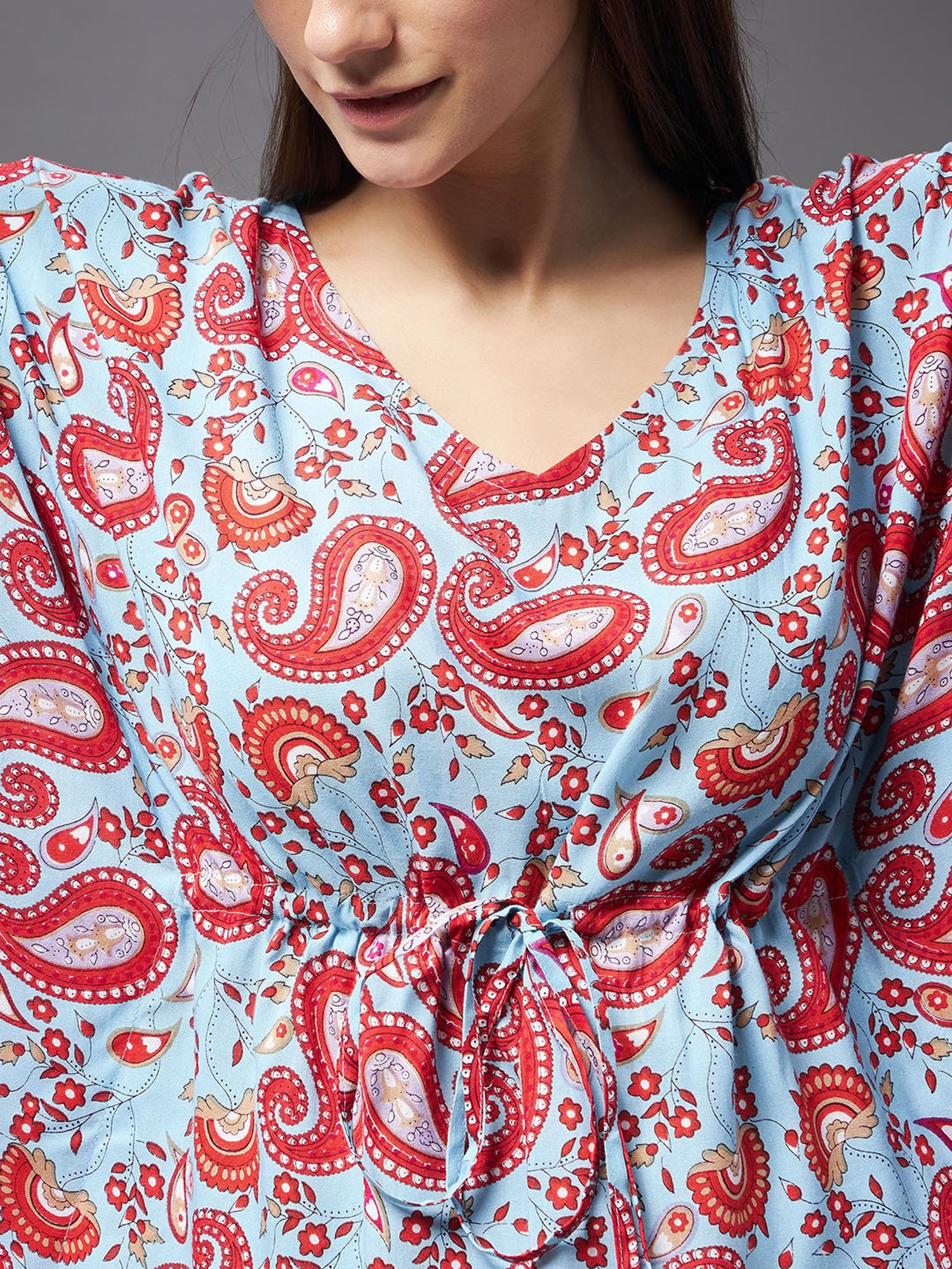 Miss Chase Blue & Red Rayon Printed Kaftan With Pyjamas