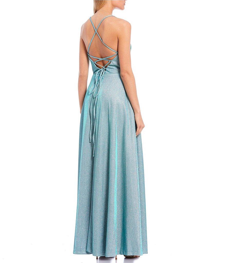 Morgan & Co. Spaghetti Strap Lace-Up Back High Side Slit Shimmer Shine Ball Gown