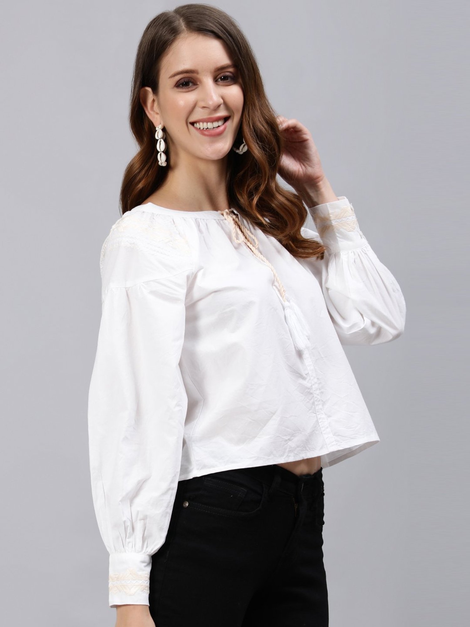Ishin White Pure Cotton Embroidered Top