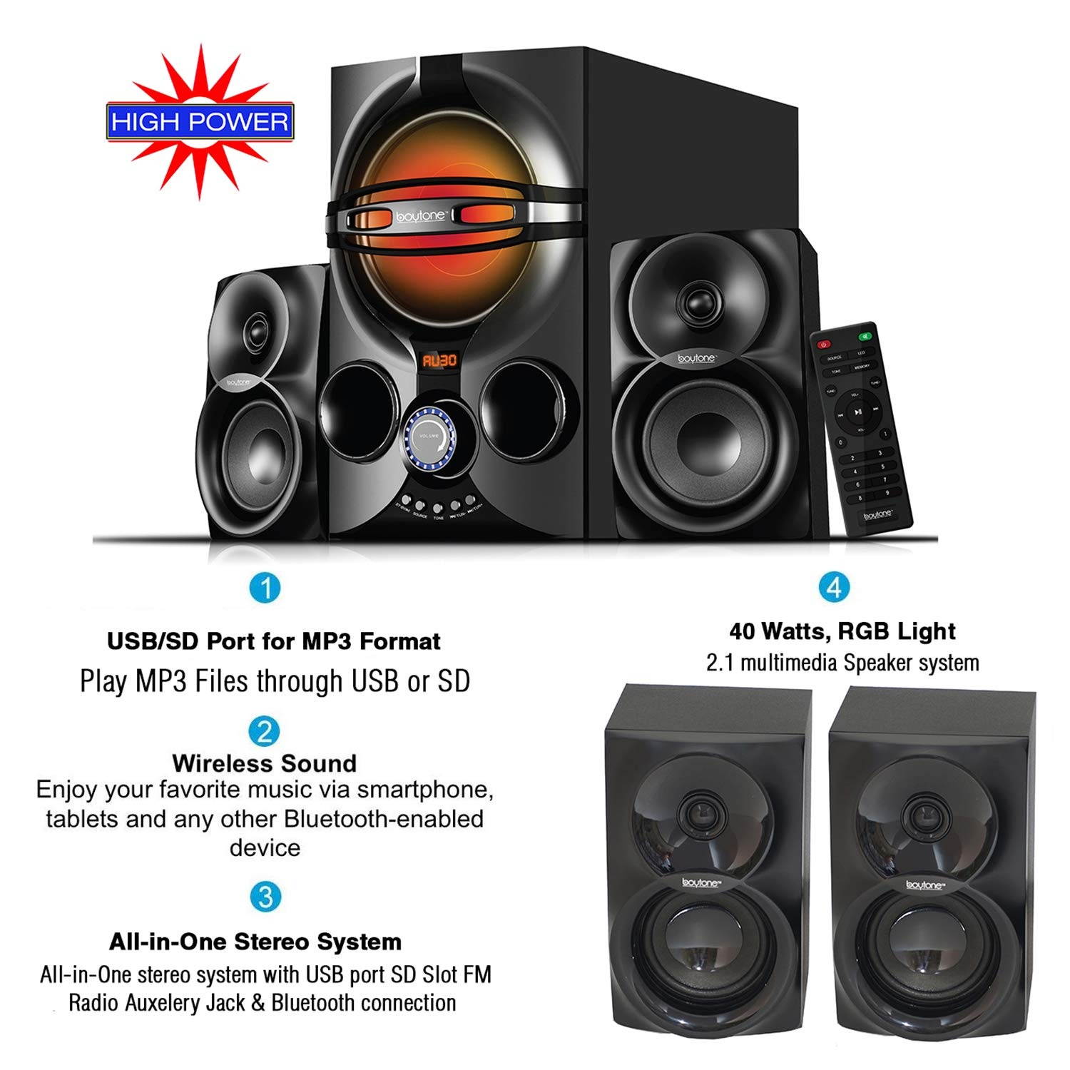Boytone BT-424FN, 2.1 Multimedia Bluetooth Speaker System Powerful Shelf Stereo Wired Systems, FM, SD Slot, USB Port, MP3 Format, 40 Watts, Reactive LED Light, Remote Control, for Smartphone, Tablet
